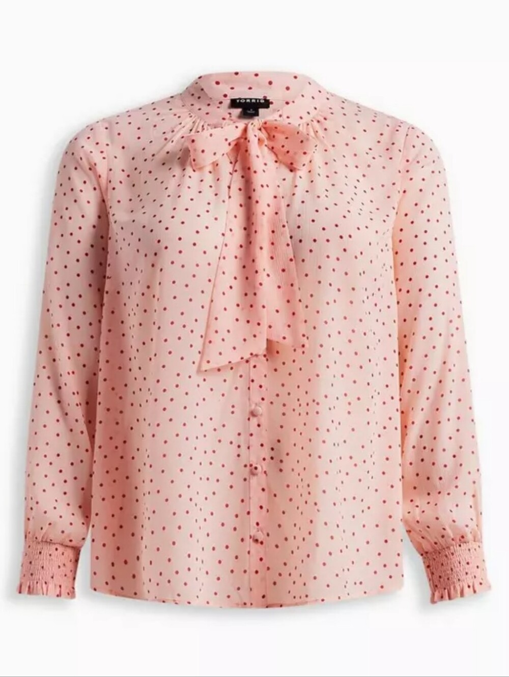 Torrid Chiffon Bow Front Button-Up Blouse Size 00 Medium 10 Pink W Polka Dots